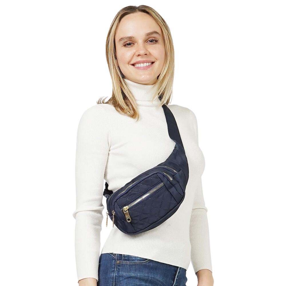 Navy Quilted Multi Pocket Sling Bag Fanny Pack Belt Bag, be the ultimate fashionista when carrying this pocket sling bag fanny pack belt bag in style. This fanny pack for women could keep all documents, phones, Travel, Money, Cards, keys, etc. It can be thrown over the shoulder, across the chest around the waist.