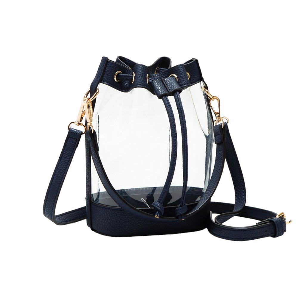 Navy-Solid Faux Leather Transparent Bucket Bag, The perfect accessory for your daily needs. Made of durable and trendy faux leather, this bag features a unique transparent design, allowing you to easily access your items while adding a touch of style to your outfit.