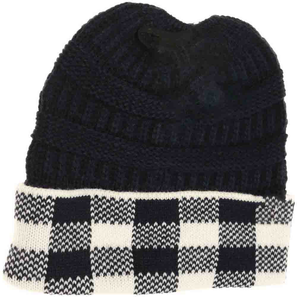 Navy-White-The Buffalo Check CC Beanie Tail combines classic style with practical warmth. Crafted from soft, durable fabric featuring a timeless buffalo check pattern, it provides cozy comfort for cooler days. Its loose, slouchy fit accommodates various hairstyles, making it perfect for everyday wear or outdoor activities in crisp weather. This beanie offers both functional protection from the cold and a versatile, stylish addition to any seasonal wardrobe.