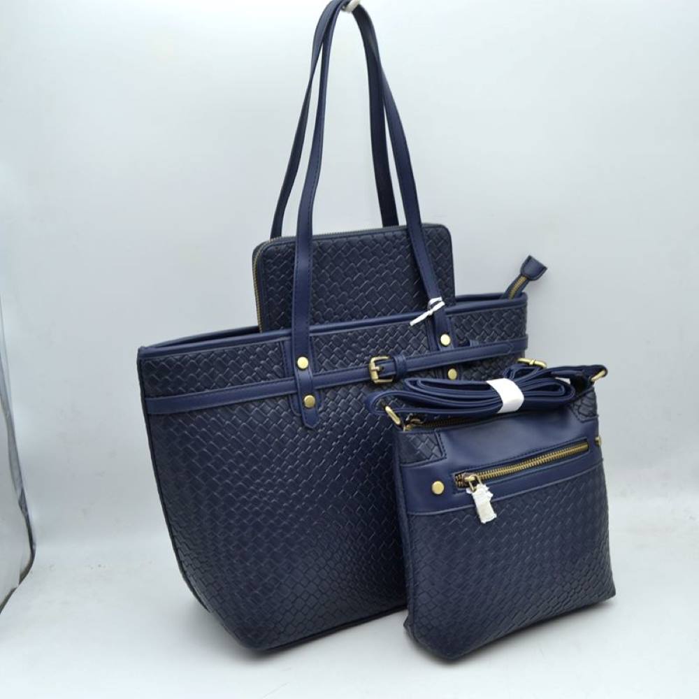 Navy-blue This multi-piece bag set features a matching woven textured design across all items, offering a versatile and coordinated look for everyday use. The main tote bag is styled with dual top shoulder handles, a decorative front horizontal strap with a buckle accent, and a top zipper closure to secure the spacious main compartment. Included in the set is a smaller matching crossbody bag equipped with a front zippered pocket and a bundled adjustable, detachable shoulder strap for hands-free carrying. 