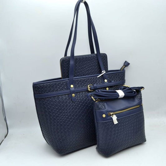 Navy-blue This multi-piece bag set features a matching woven textured design across all items, offering a versatile and coordinated look for everyday use. The main tote bag is styled with dual top shoulder handles, a decorative front horizontal strap with a buckle accent, and a top zipper closure to secure the spacious main compartment. Included in the set is a smaller matching crossbody bag equipped with a front zippered pocket and a bundled adjustable, detachable shoulder strap for hands-free carrying. 
