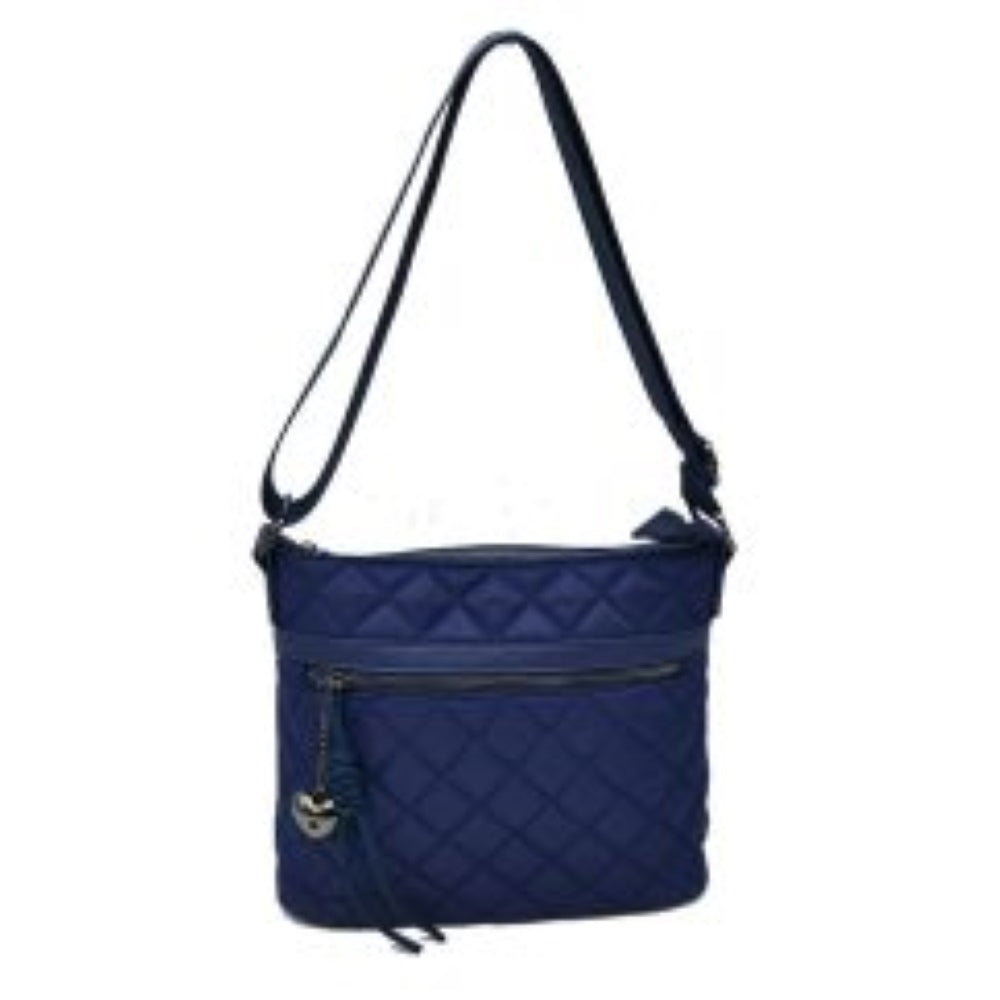 Navy-blue This casual crossbody bag features a classic quilted diamond pattern and a slim, flexible profile tailored for everyday use. It provides functional storage compartments, including a secure top zipper closure for the main area and a prominent horizontal zippered front pocket for easy access to smaller essentials. A decorative heart-shaped metallic charm paired with a knotted fabric accent extends from the front zipper pull