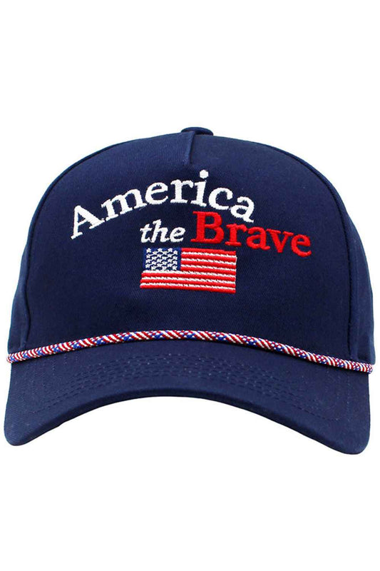 Navy Classic baseball cap featuring bold "AMERICA THE BRAVE" embroidery with patriotic flag-inspired color blocking. Constructed from 100% cotton for breathable comfort and durability. Adjustable rope back closure ensures a secure, customizable fit for most head sizes. Perfect for everyday wear, outdoor activities, or showing your patriotic spirit. Lightweight and versatile pairs effortlessly with casual outfits.