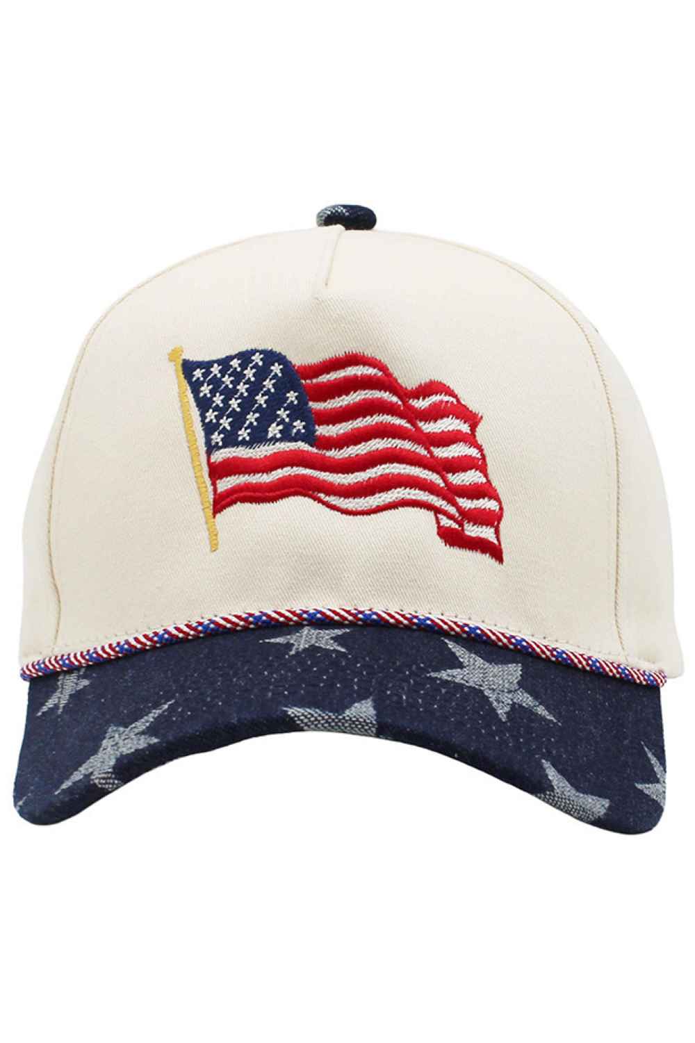 Navy Celebrate patriotic style with this classic American Flag baseball cap. Crafted from 100% cotton for comfort and breathability, it features the iconic flag design with color rope detailing and stars pattern along the brim. The one-size-fit-most design makes it perfect for everyday wear, whether you're heading to a game, outdoor event, or casual outing. A timeless accessory that pairs effortlessly with any wardrobe.