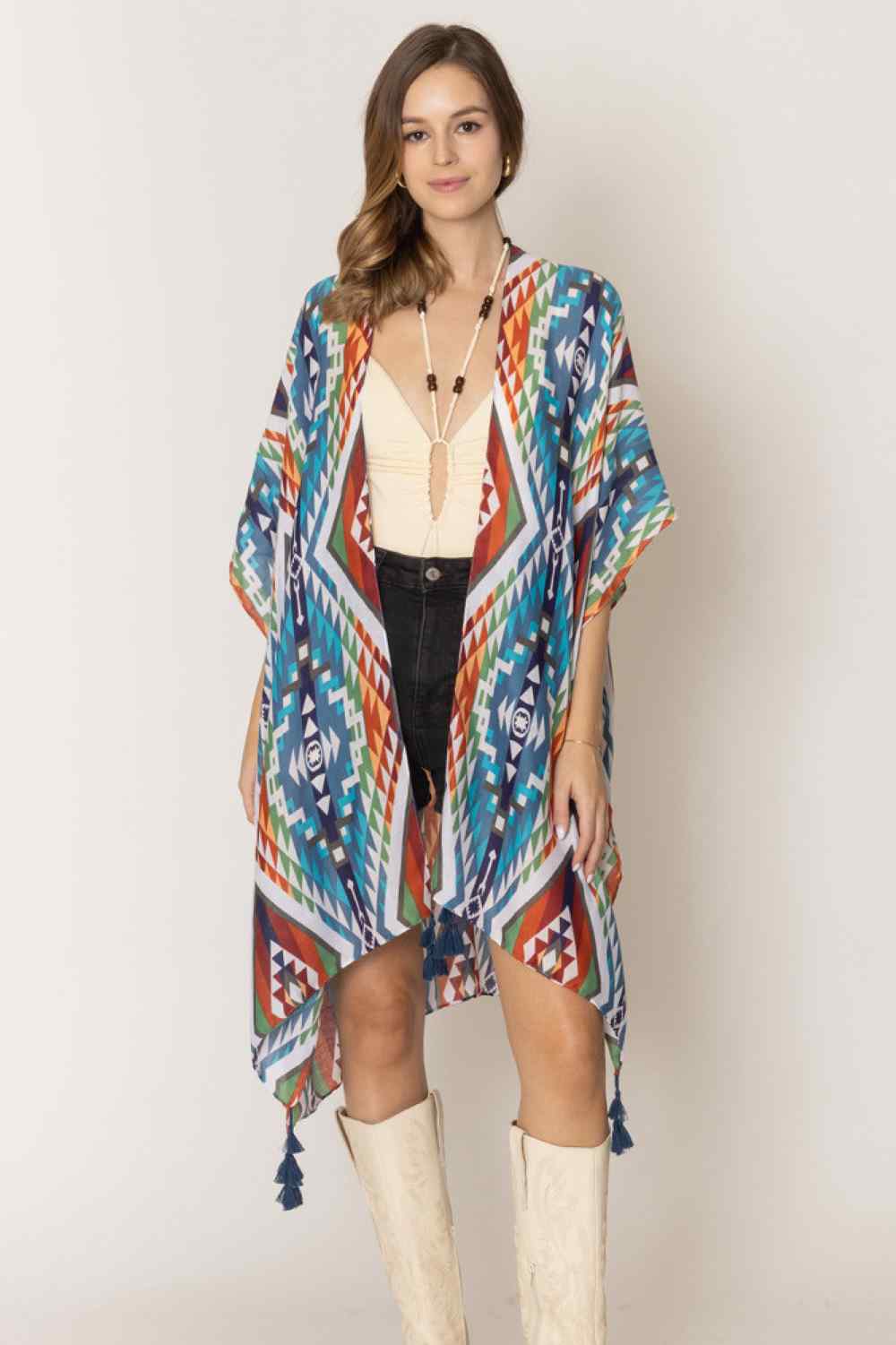 Navy Embrace bohemian style with this striking Aztec Pattern Print Tassel Kimono. Crafted from lightweight 100% polyester, this versatile piece features bold geometric patterns inspired by traditional Aztec designs, complete with decorative tassels for added flair. Perfect for layering over dresses, swimwear, or casual outfits, it offers effortless coverage and movement. With generous dimensions of 35.4" x 35.4", it drapes beautifully on most body types. Ideal for beach days, festivals, or relaxed everyday 