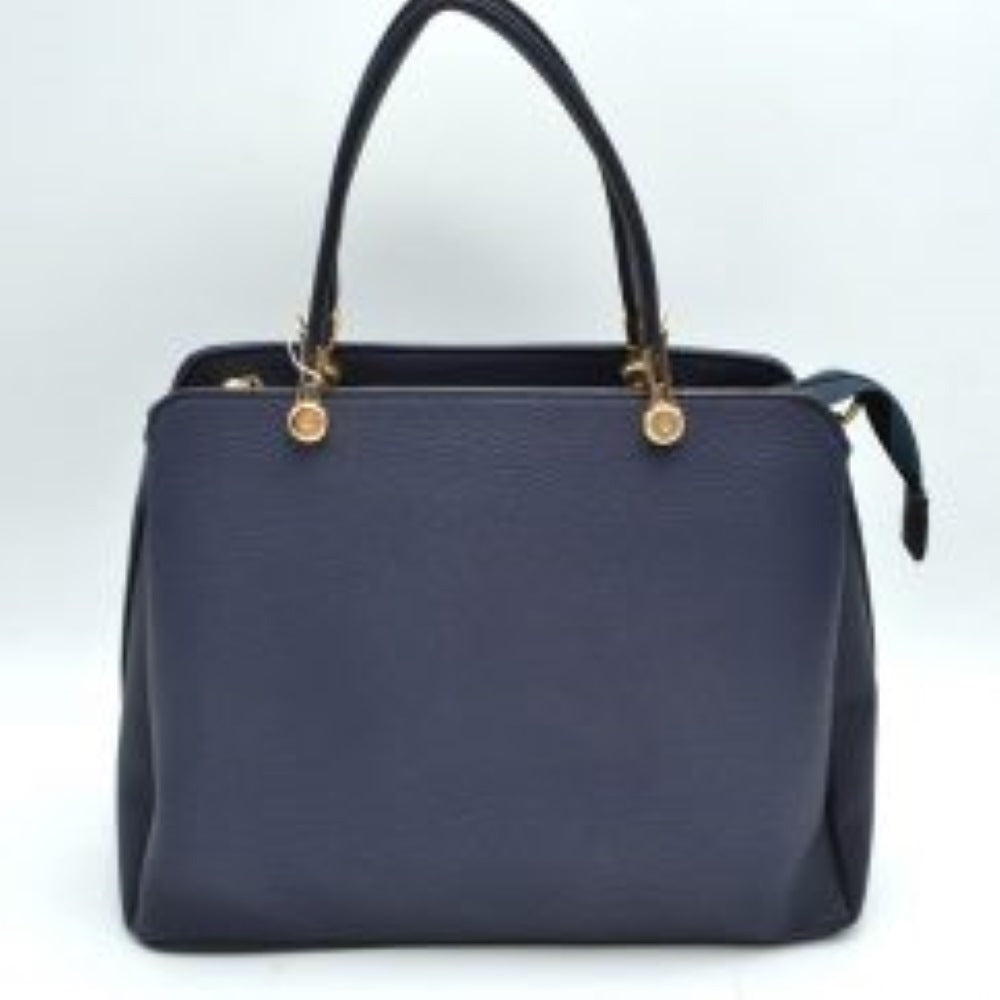 Navy Blue This structured handbag is designed for everyday use, featuring dual arched top handles attached with round metallic hardware. The design includes multiple storage compartments to organize your belongings, featuring a central zippered closure alongside separate side compartments.