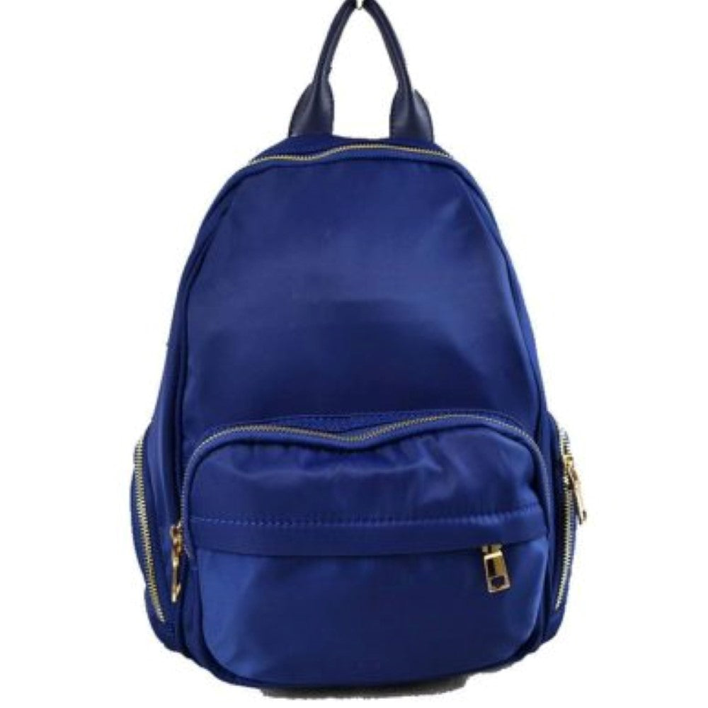 Navy-blue This practical backpack features a smooth, streamlined exterior designed for active everyday use. It offers ample storage compartments, including a spacious main section with a top curved zipper and a prominent front zippered pouch accented by a small metallic square detail. For added organization, matching zippered side pockets line the lower edges of the bag. The design is completed with a smooth top loop handle for quick carrying