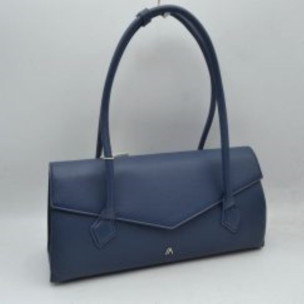 Navy blue This structured shoulder bag features a sleek, elongated East-West silhouette with a smooth exterior finish, making it a sophisticated choice for modern everyday use. The front panel is defined by an elegant envelope-style flap with a subtle pointed edge, highlighted by a minimalist metallic logo emblem near the bottom center. Equipped with long, rounded double shoulder straps that attach to the body with decorative stitched patches