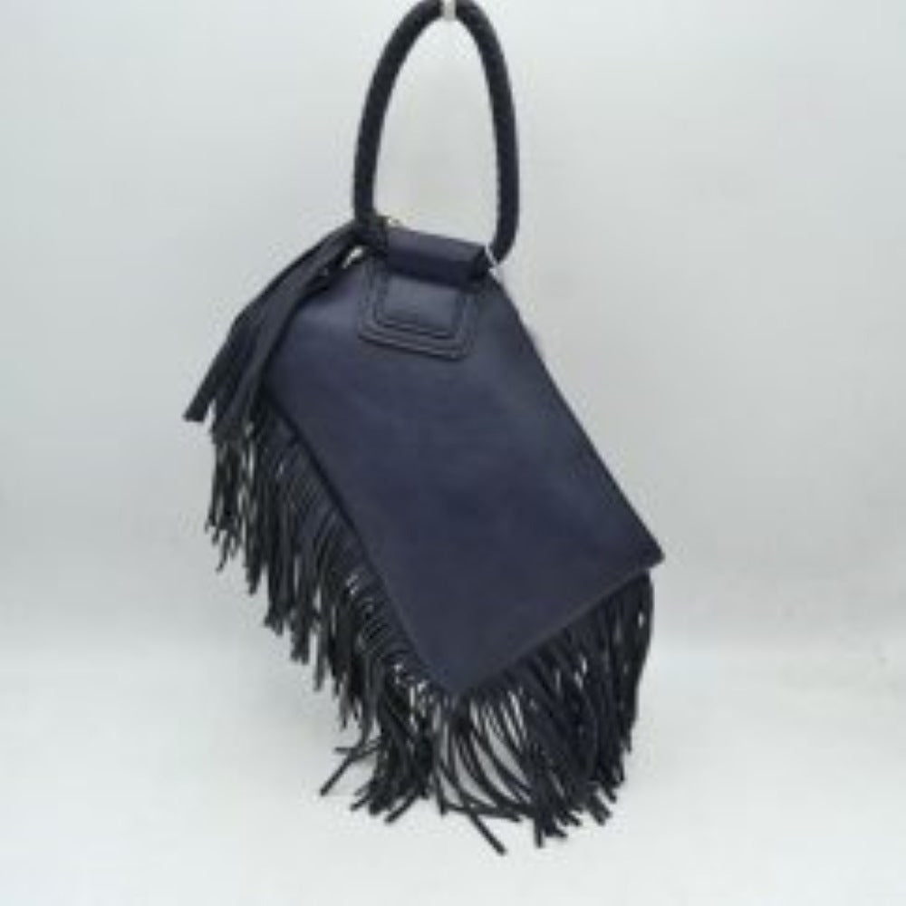 Navy blue This everyday clutch bag features a smooth, structured body prominently styled with long cascading fringe accents along the lower trim and side panel. Designed for convenient hand carrying, it is equipped with a distinctively braided, circular top handle anchored securely to a reinforced upper flap. The main storage compartment features a secure top zipper closure with metallic teeth