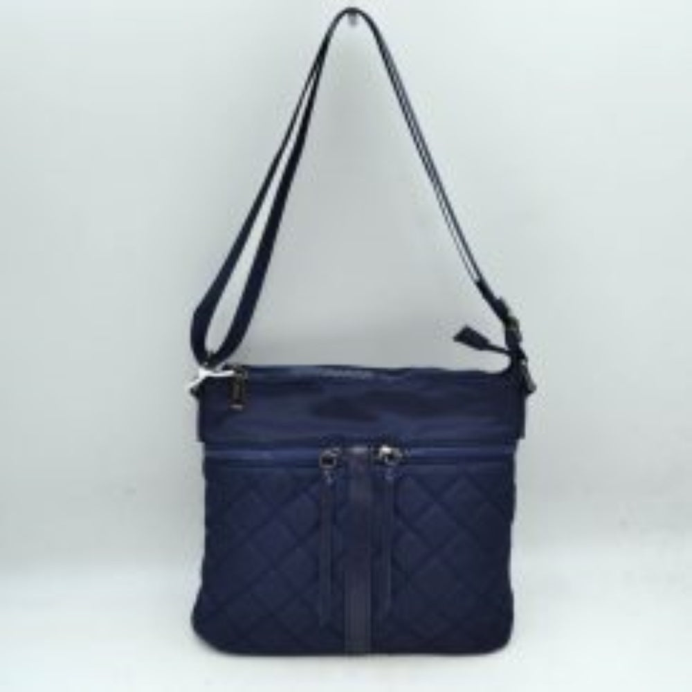 Navy blue his functional crossbody bag features a dual-texture nylon exterior in a deep navy blue, pairing a smooth upper panel with a classic diamond-quilted lower section. Perfect for organized everyday use, the front is designed with two vertical zipper pockets detailed with long fabric pulls alongside a central decorative stitched strip. Equipped with a secure top zipper closure to keep main compartment essentials safe
