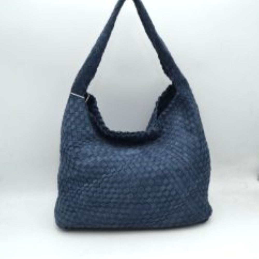 Navy-blue This relaxed, slouchy shoulder bag showcases a beautifully textured, fully woven exterior in a classic checkerboard style. It is designed with a spacious, scooped hobo silhouette that naturally molds to the body for comfortable daily wear. The wide, integrated shoulder strap extends seamlessly from the side panels, ensuring durable carrying capacity while maintaining a clean, hardware-free aesthetic suitable for both casual and smart-casual ensembles.