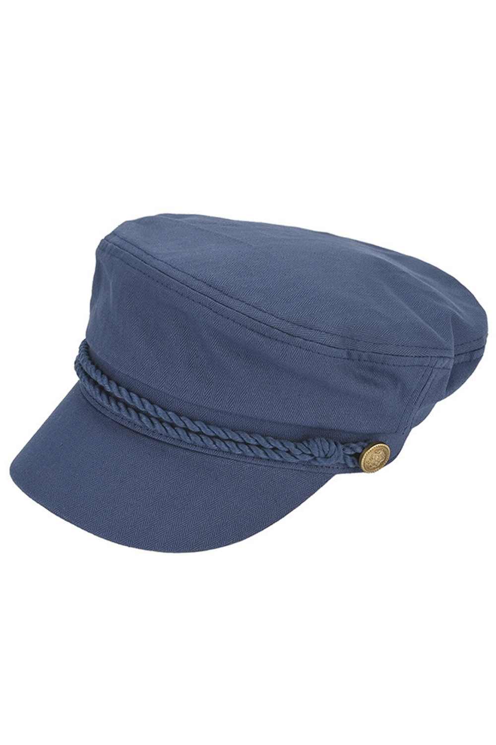 Navy Classic cotton fishing cap with timeless appeal. Crafted from 100% cotton for breathability and comfort, this solid-color cap features decorative rope detailing with button accents for a refined look. The structured design includes a 2" brim for sun protection, fitting most head sizes at 22.5–23" circumference. Perfect for outdoor adventures, casual wear, or everyday style.