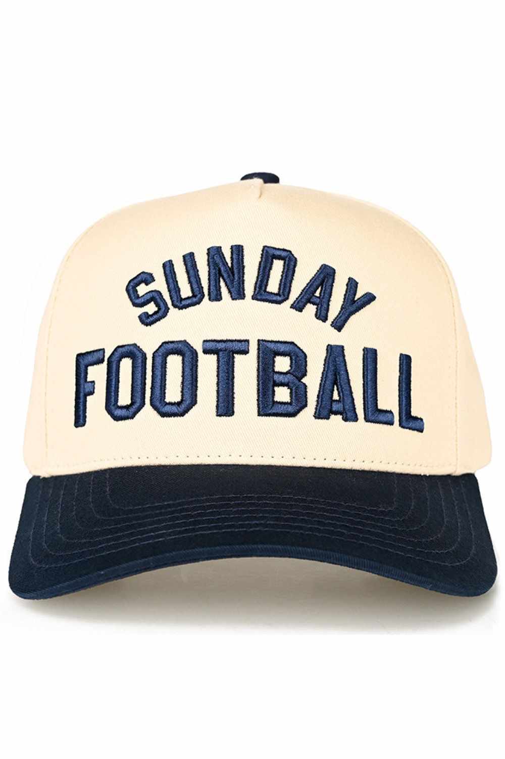 Navy C.C SUNDAY FOOTBALL Embroidered Two Tone Baseball Trucker Cap Snapback Celebrate game day in style with this classic trucker cap featuring bold embroidered SUNDAY FOOTBALL branding. The two-tone design combines timeless appeal with modern comfort, perfect for football fans and casual wear alike. Crafted from 100% cotton for breathability and durability. The adjustable snapback closure ensures a comfortable fit for most head sizes, with a circumference of 22.5". Made in Vietnam with quality construction