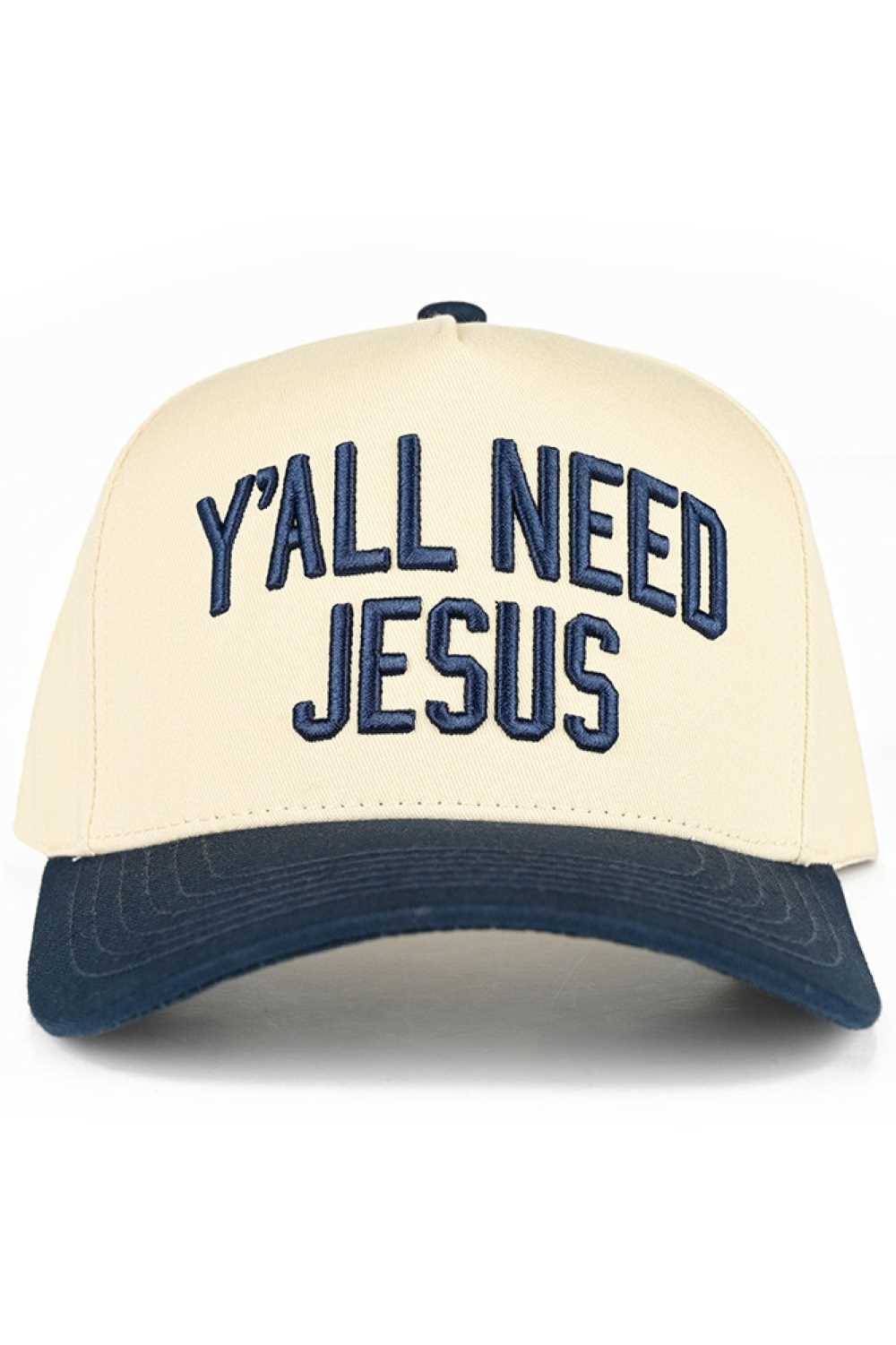Navy C.C Y'ALL NEED JESUS Embroidered Letter Two Tone Baseball Cap Trucker Hat Classic trucker style with bold embroidered messaging and contrasting two-tone design. Snapback closure for adjustable, one-size-fits-most comfort. Crafted from 100% cotton for breathability and durability. Circumference measures 22.5" for a relaxed fit. Made in Vietnam. Perfect for everyday wear or making a statement. Lightweight and versatile pairs with casual outfits effortlessly.