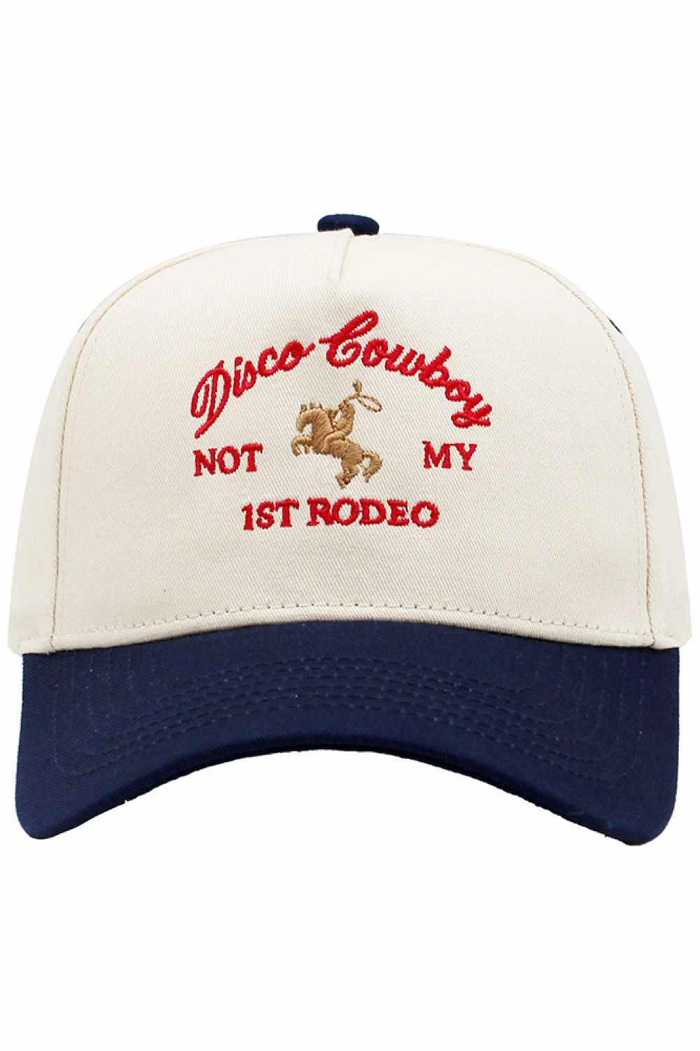 Navy Step into retro vibes with this DISCO COWBOY embroidered baseball cap. Featuring bold lettering on a classic two-tone design, it's the perfect statement piece for music lovers and vintage enthusiasts. Crafted from 100% cotton for breathable comfort all day long. One size fits most. Made in China.