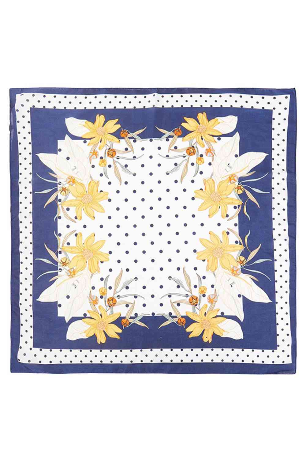 Navy Elevate your accessory game with this charming Daisy and Dot Pattern Print Bandana Scarf. Crafted from 100% polyester, this lightweight, silky scarf offers versatile styling for every season. The generous 27.5" x 27.5" square cut works as a neck scarf, head wrap, or hair accessory. Its soft, fluid fabric drapes beautifully while maintaining its shape, making it perfect for adding a pop of color and pattern to any outfit. Whether you're dressing up or keeping it casual, this all-season essential brings 