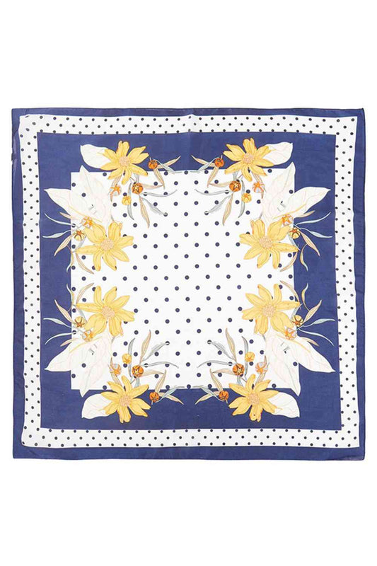 Navy Elevate your accessory game with this charming Daisy and Dot Pattern Print Bandana Scarf. Crafted from 100% polyester, this lightweight, silky scarf offers versatile styling for every season. The generous 27.5" x 27.5" square cut works as a neck scarf, head wrap, or hair accessory. Its soft, fluid fabric drapes beautifully while maintaining its shape, making it perfect for adding a pop of color and pattern to any outfit. Whether you're dressing up or keeping it casual, this all-season essential brings 