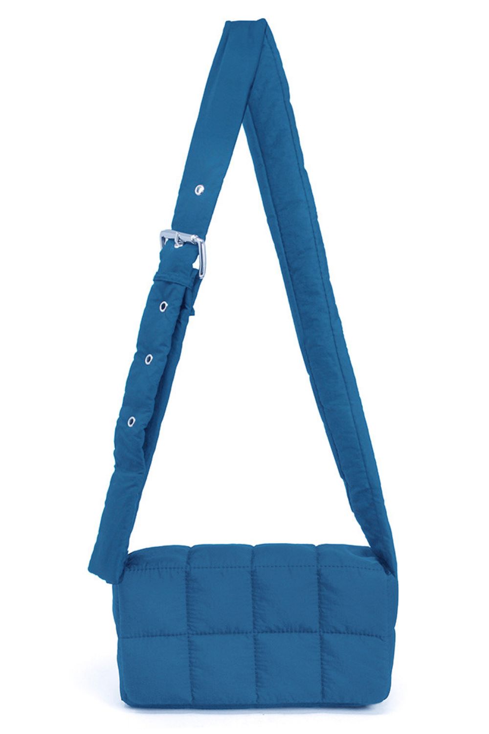 Navy Compact quilted puffer crossbody bag with a sleek, modern design. Measures 8.7" x 4.7" with a 2.4" depth, perfect for carrying essentials while keeping your hands free. The padded construction offers durability and a soft touch. Ideal for everyday outings, travel, or casual errands.