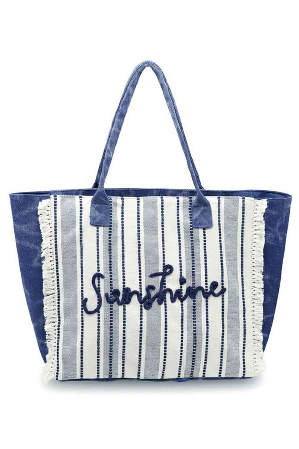 Navy Carry your essentials in retro style with this vintage-inspired tote bag. Featuring a bold "SUNSHINE" letter design paired with classic stripes and playful fringe detailing, it's the perfect accessory for beach days, shopping trips, or everyday adventures. Crafted from durable 100% polyester, this spacious bag measures 21.5" x 14" x 6" and includes a secure zipper closure and convenient inner pocket for organized storage. A fun, functional piece that brings nostalgic charm to your wardrobe.