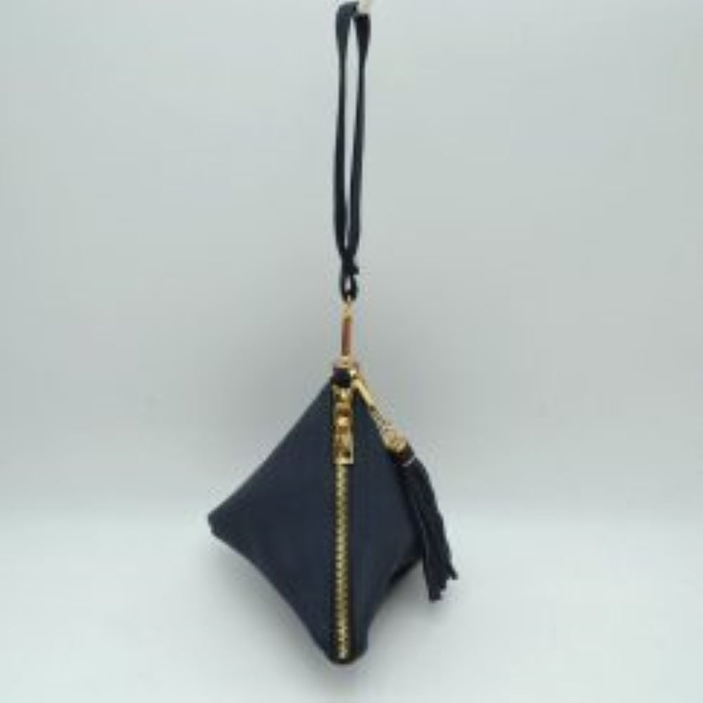 Navy blue This unique handbag features a distinctive pyramid-shaped design that creates a geometric silhouette perfect for statement-making everyday use. The main storage compartment is accessed via a prominent, secure vertical zipper equipped with a large metallic pull tab. For easy carrying convenience, the bag is outfitted with a slender top wristlet loop and a matching hanging tassel accent attached securely to the top hardware hook, blending modern design with functional portability.