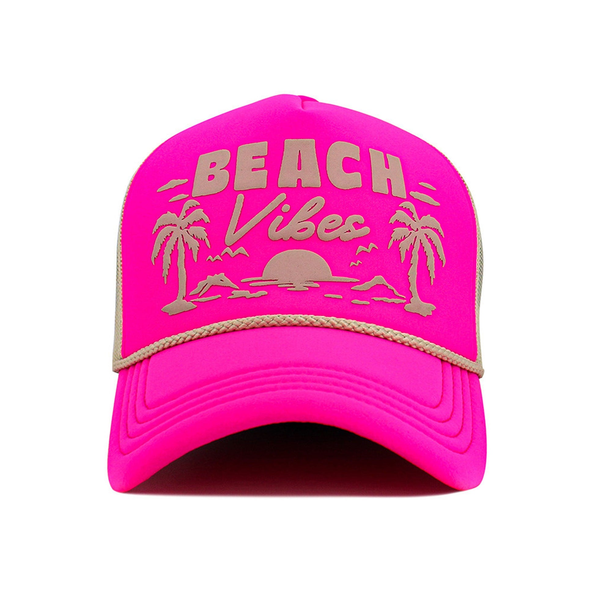 Neon-Pink-Stone Capture easygoing summer style with this BEACH VIBES foam trucker hat, featuring bold lettering and a tropical tree graphic for a fun, sunny look. Lightweight and breathable, it’s perfect for beach days, vacations, and relaxed outdoor wear.