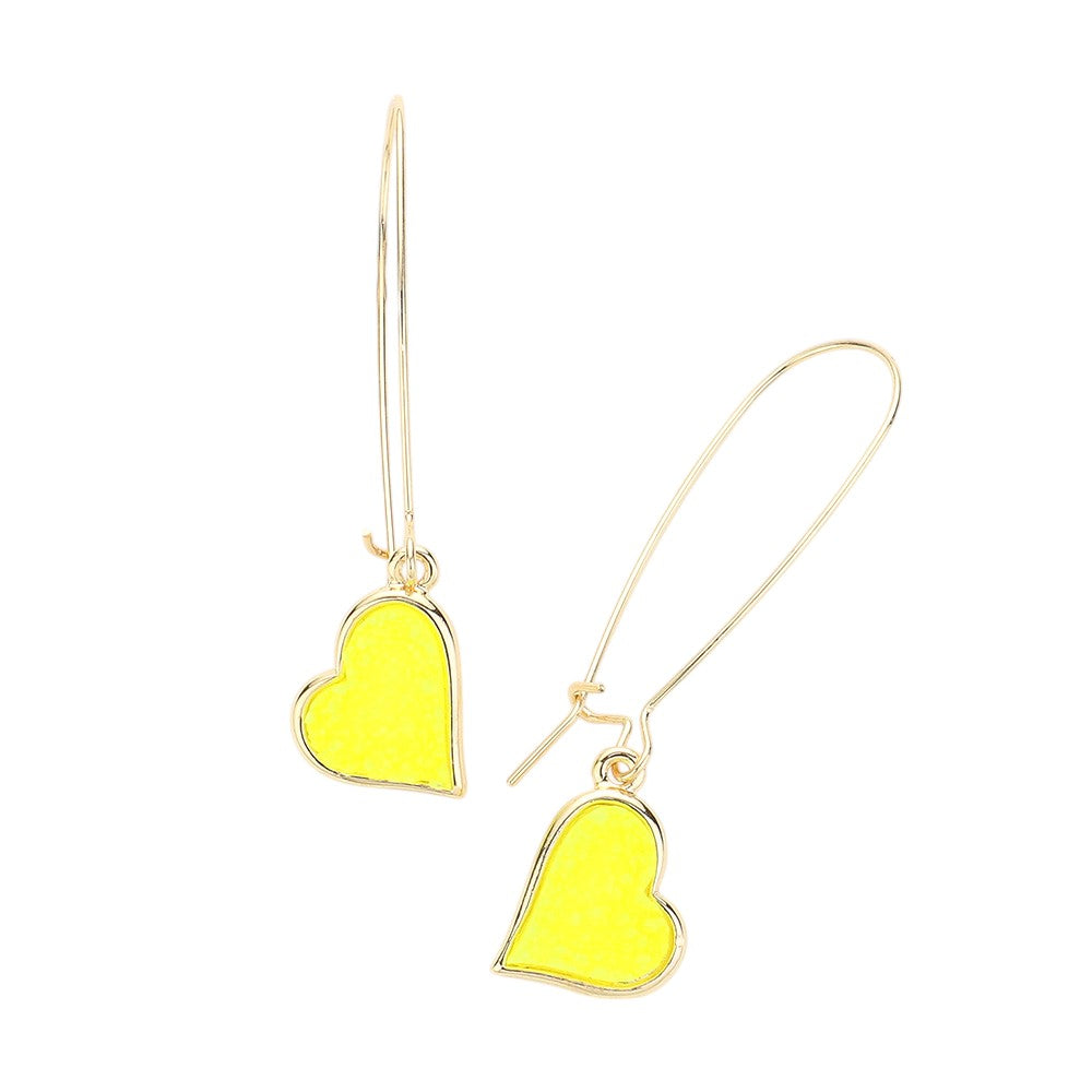 Neon Yellow  Druzy Heart Dangle Earrings add a touch of sparkle to any outfit. Handcrafted with druzy stone hearts, these earrings are lightweight and versatile, making them perfect for everyday wear or special occasions. Show your love with these stunning and unique earrings.