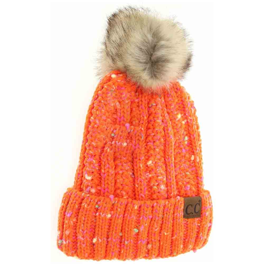 NeonOrange Fuzzy Lined Confetti Knit Fur Pom CC Beanie combines functionality and style with its soft, confetti-speckled knit exterior and cozy fuzzy lining. Designed to provide superior warmth and comfort, this beanie features a plush fur pom for an added touch of elegance. Ideal for cold weather, its high-quality construction ensures durability and lasting wear, making it an essential accessory for those seeking expert-level performance and fashionable appeal in winter headwear. 