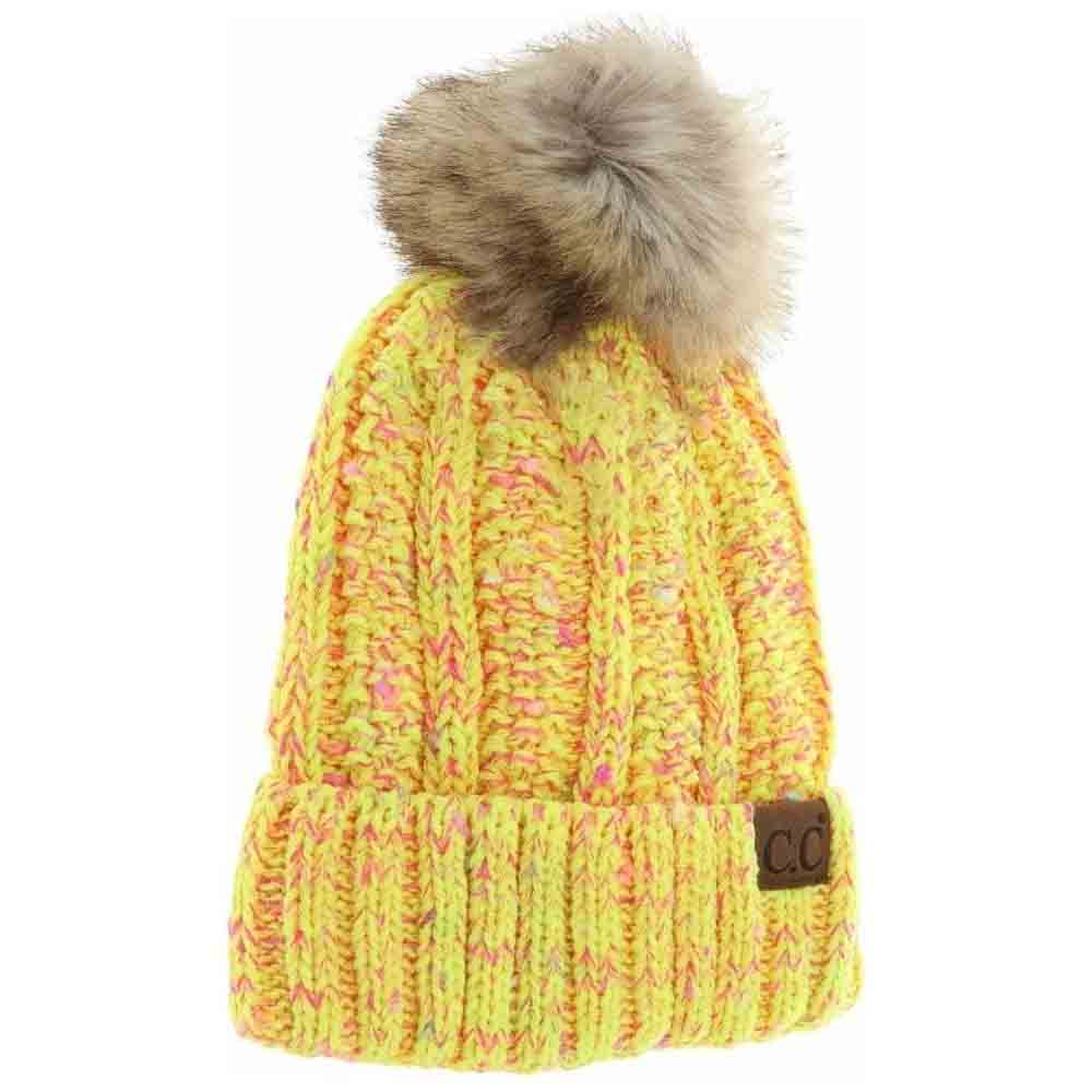 NeonYellow Fuzzy Lined Confetti Knit Fur Pom CC Beanie combines functionality and style with its soft, confetti-speckled knit exterior and cozy fuzzy lining. Designed to provide superior warmth and comfort, this beanie features a plush fur pom for an added touch of elegance. Ideal for cold weather, its high-quality construction ensures durability and lasting wear, making it an essential accessory for those seeking expert-level performance and fashionable appeal in winter headwear. 