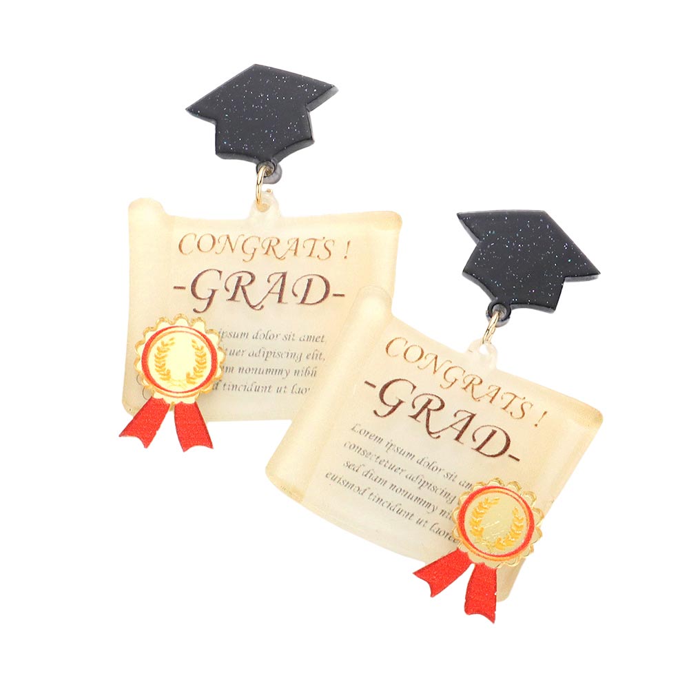 Neutral Congrats Grad Message Resin Graduation Cap Earrings, show off your achievements with our glittered resin graduation cap earrings. Wear these earrings to make your graduation journey meaningful & colorful. A perfect graduation gift for your friends, family & one you care about the most on their graduation.