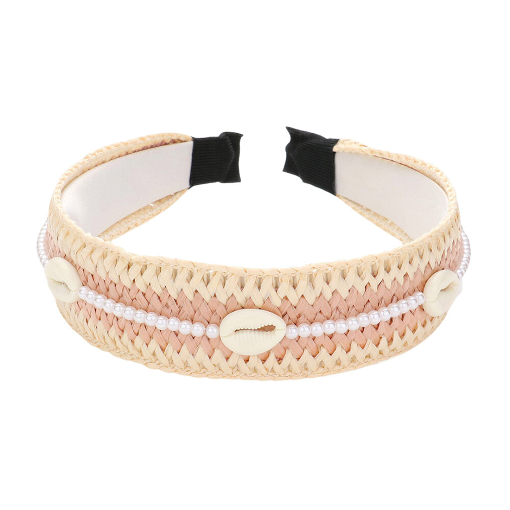 Neutral Pearl Puka Shell Embellished Woven Straw Headband,  the Pearl Puka shell embellished headband goes perfectly with a t-shirt, summer dress or work clothes, beach party, and many more. Perfect for everyday wear, outdoor festivals, and many more. A great gift item for this spring and summer season.