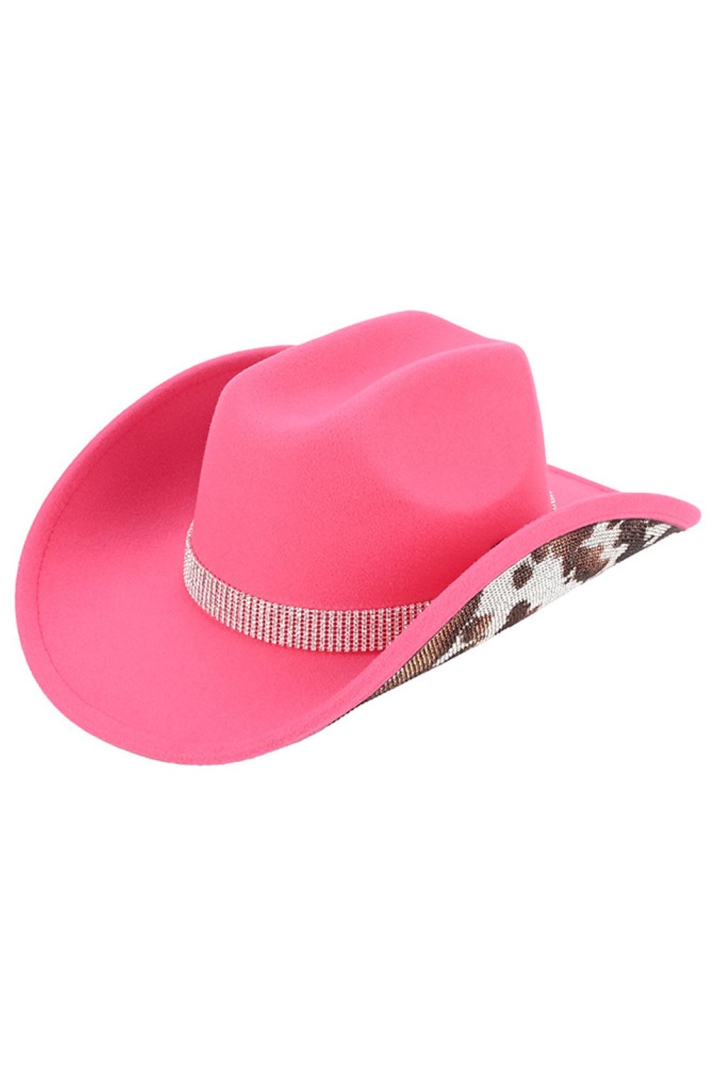 New Candy Pink Make a statement with this eye-catching C.C Leopard Pattern Rhinestone Felt Cowboy Hat. Crafted from 100% polyester vegan felt, it features a bold leopard print adorned with sparkling rhinestones for added glamour. The structured design includes a 3.5" brim and 5" crown, with a comfortable 22.63" circumference that fits most head sizes. Perfect for adding Western flair to any outfit, whether you're hitting the rodeo or embracing cowboy-chic style. One size fits all.