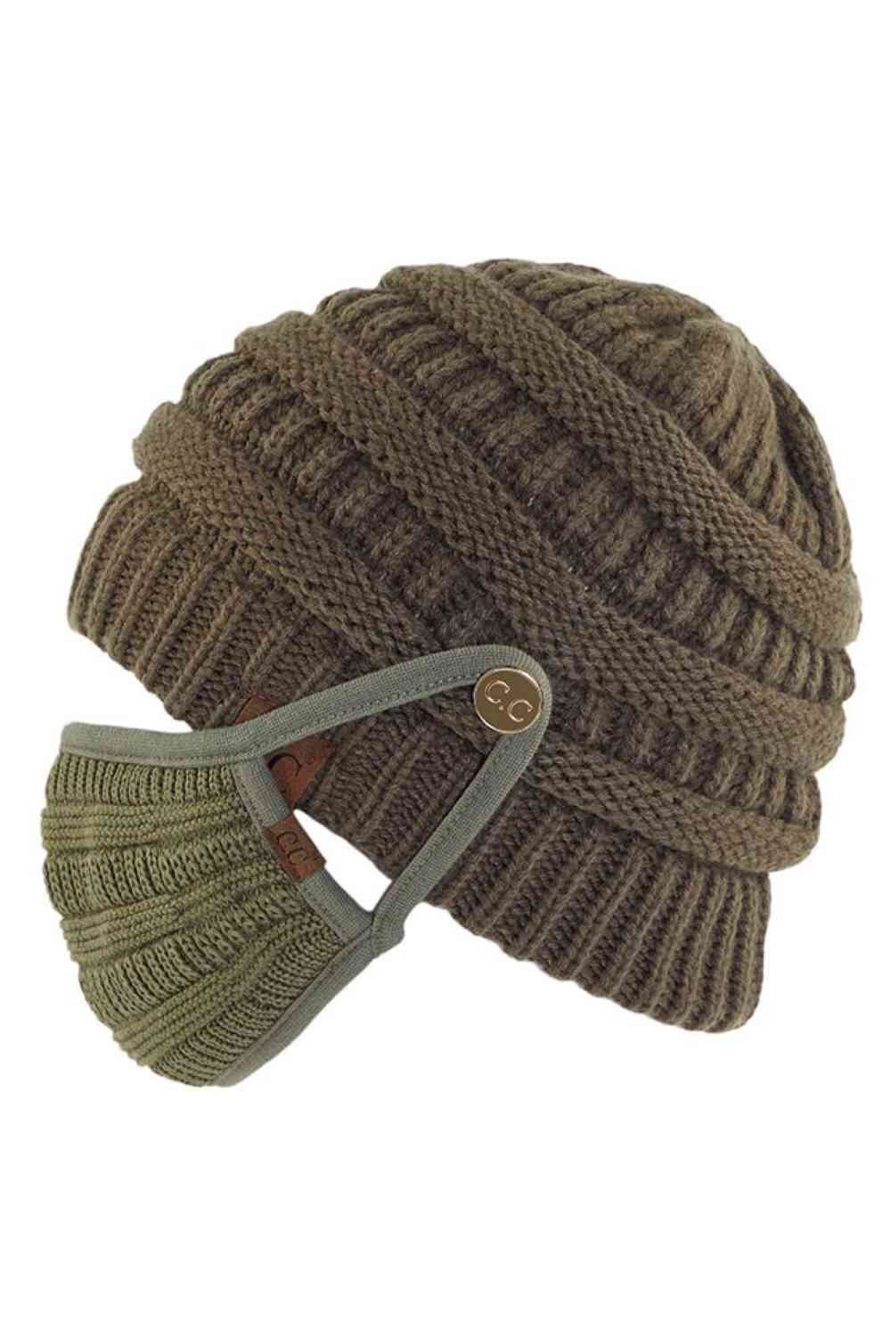 New Olive Stay warm and functional with this C.C Ribbed Knit Beanie featuring a convenient button attachment for your mask. Crafted from 100% acrylic, this lightweight beanie offers soft comfort and durability for everyday wear.