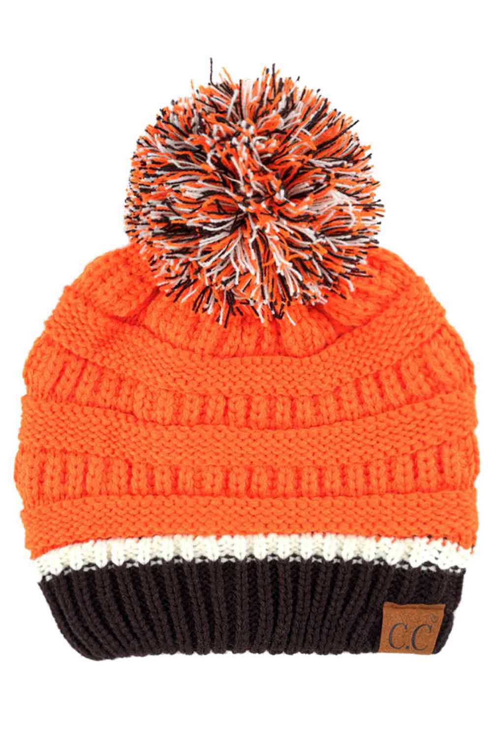 Orange Black The C.C Team Color Ribbed Beanie combines style and comfort in one versatile piece. Crafted from 100% acrylic, this beanie features a classic ribbed knit design with a playful pom on top, making it perfect for staying warm during chilly days.