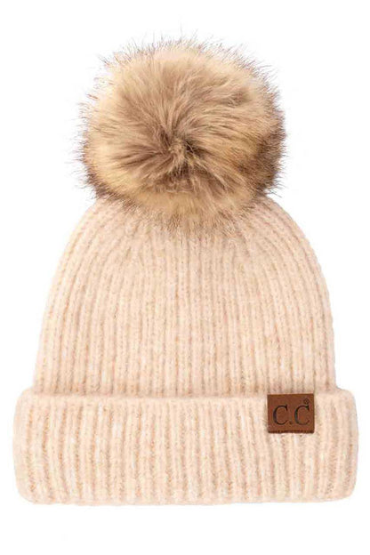 C.C Classic Rib Beanie With Faux Fur Pom
