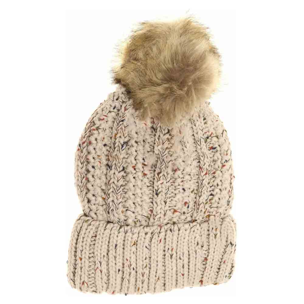 Fuzzy Lined Flecked Fur Pom C.C Beanie - Oatmeal - Beanies