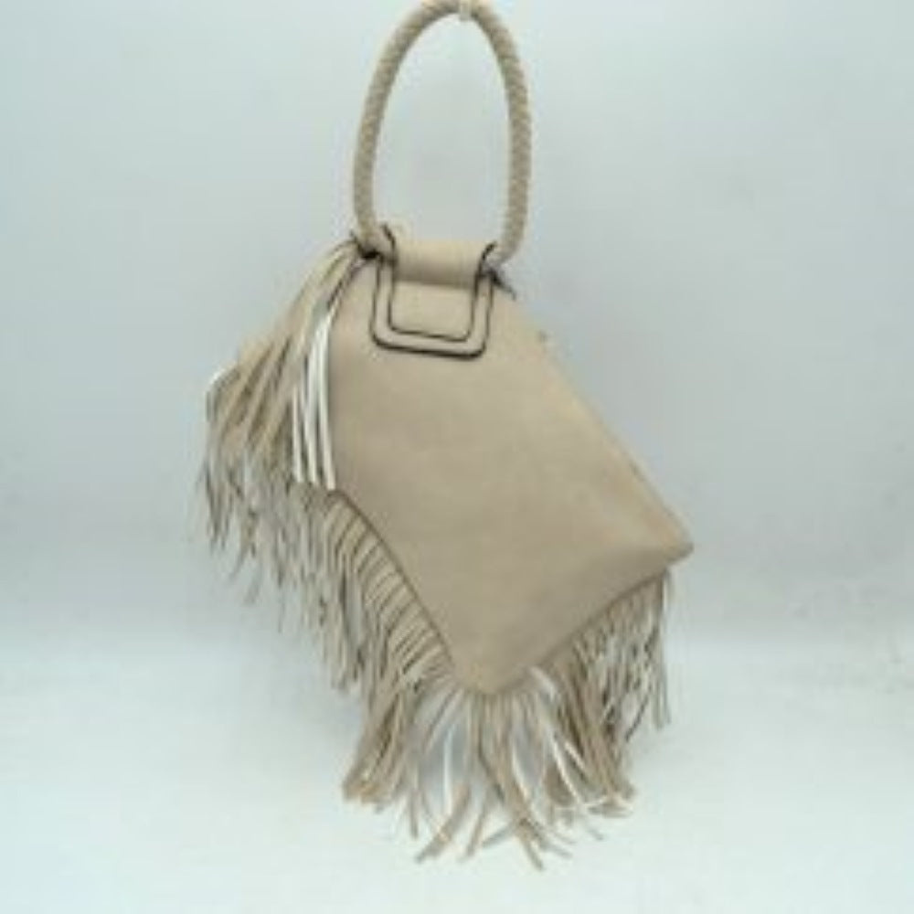 Oatmeal This everyday clutch bag features a smooth, structured body prominently styled with long cascading fringe accents along the lower trim and side panel. Designed for convenient hand carrying, it is equipped with a distinctively braided, circular top handle anchored securely to a reinforced upper flap. The main storage compartment features a secure top zipper closure with metallic teeth