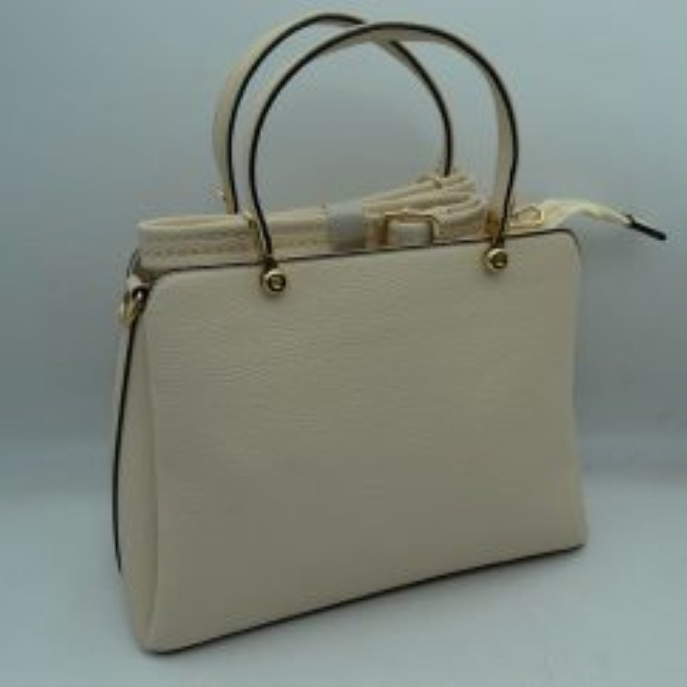 Off-hite This structured handbag is designed for everyday use, featuring dual arched top handles attached with round metallic hardware. The design includes multiple storage compartments to organize your belongings, featuring a central zippered closure alongside separate side compartments.