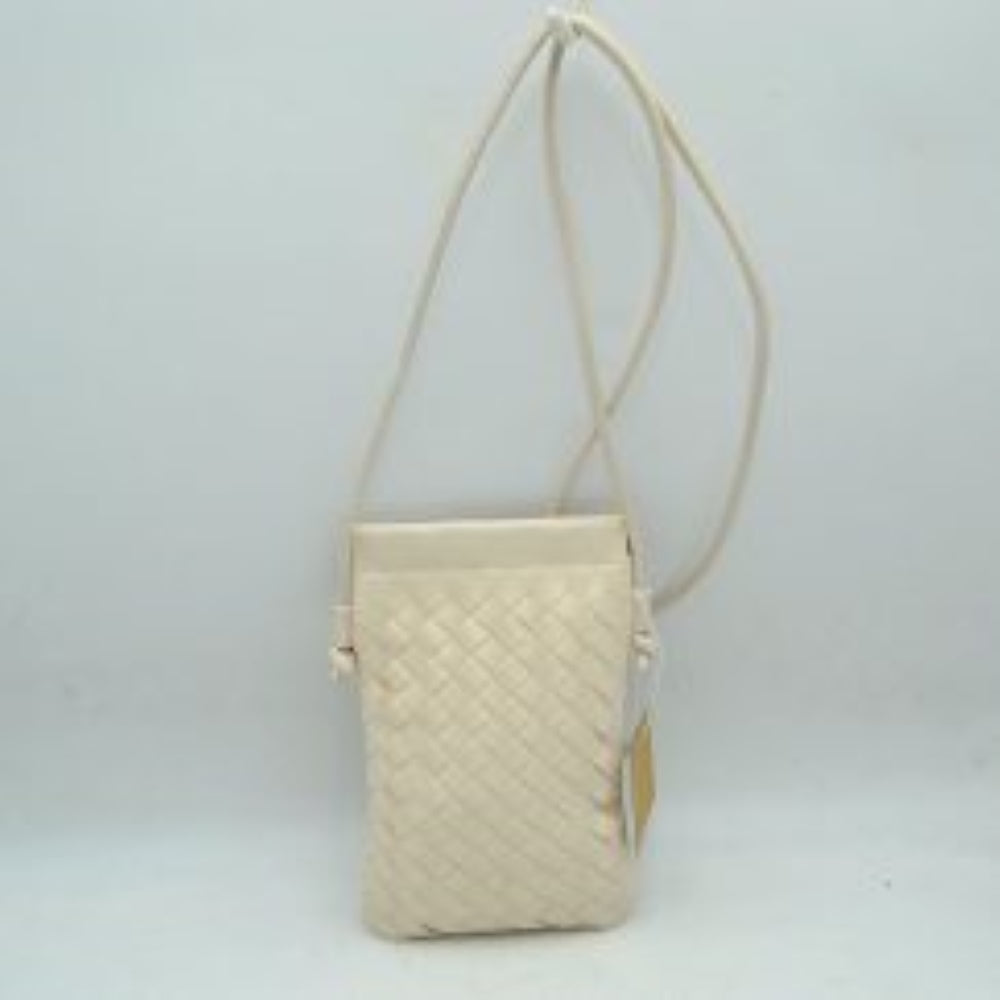 Off-White This compact vertical crossbody bag is designed for everyday functionality with a distinct woven textured pattern across its body. It features a slim, continuous cord strap attached securely to the sides with visible knot details for comfortable carrying. A clean horizontal opening at the top allows effortless access to the main storage compartment
