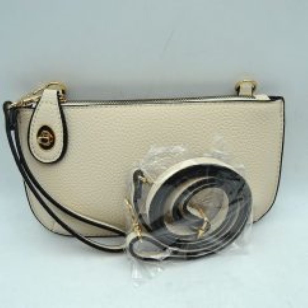Off-White This versatile everyday bag features a compact pebbled textured body with a slightly curved base silhouette. Designed for organized daily or evening use, the main storage compartment is secured by a top zipper closure and accented with a small decorative metallic turn-lock detail on the side panel. It offers multiple carrying options, equipped with a long, adjustable crossbody shoulder strap and a shorter matching wristlet loop