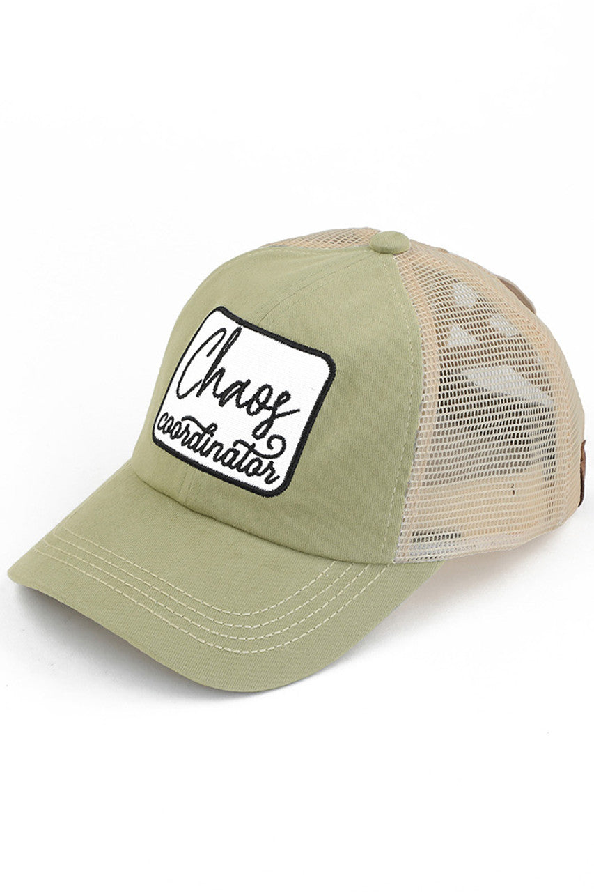 Olive  C.C CHAOS COORDINATOR PATCH PONY CAP is the perfect accessory for any outfit. Made with high-quality materials, it features a stylish patch design and a comfortable ponycap fit. Stay organized and stylish with this practical and on-trend cap.