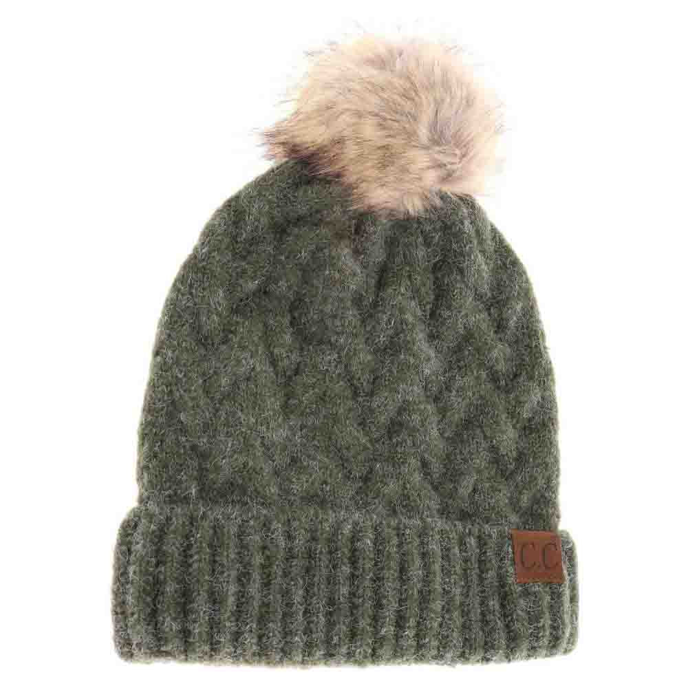 Olive Chunky Braided Cable Knit Fur Pom C.C Beanie combines classic craftsmanship with modern warmth. Expertly knit with thick braided cables, this beanie provides robust insulation against cold weather. The plush fur pom adds a refined, textured accent, enhancing both style and comfort. Designed for a snug yet flexible fit, it offers reliable protection for winter activities while elevating your everyday cold-weather wardrobe. 