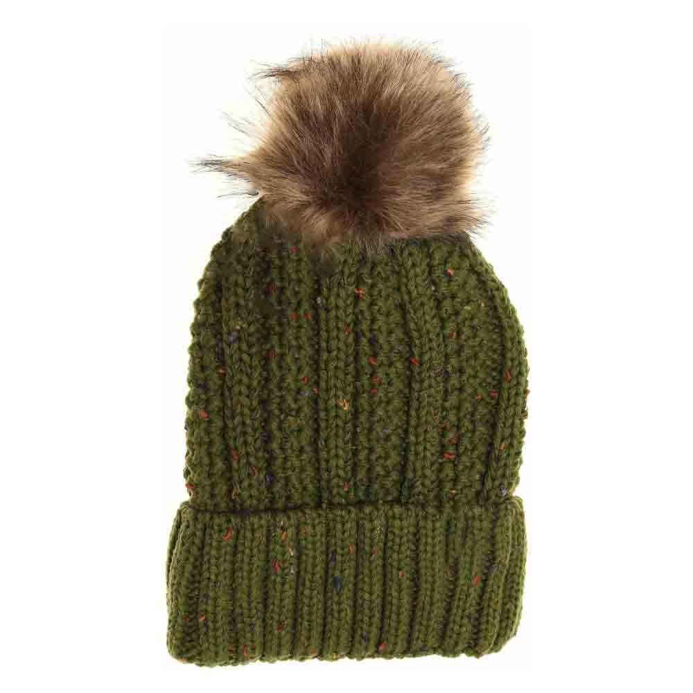 Fuzzy Lined Flecked Fur Pom C.C Beanie - Olive - Beanies