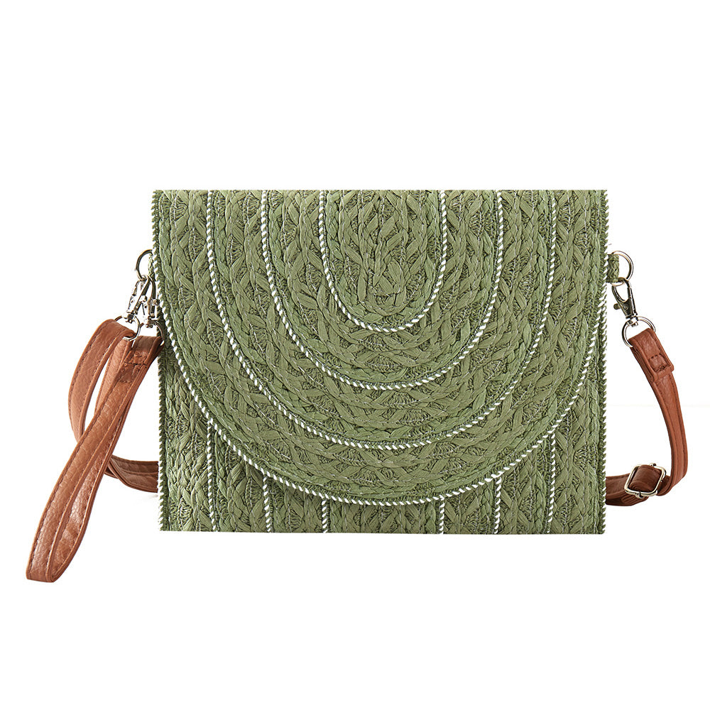 Olive Green Stitch Detailed Straw Crossbody Bag is a must-have for any fashion-forward individual. The intricate stitching adds a unique touch to the classic straw material. With its convenient crossbody design, this bag is perfect for hands-free carrying and the perfect accessory for any summertime outfit. 