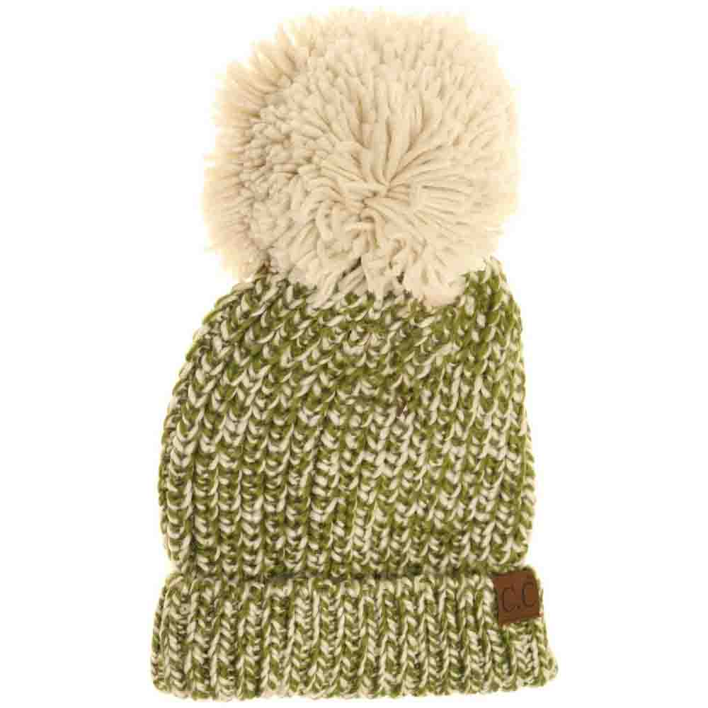 Two-Tone Thick Knit Pom C.C Beanie - Olive - Beanies