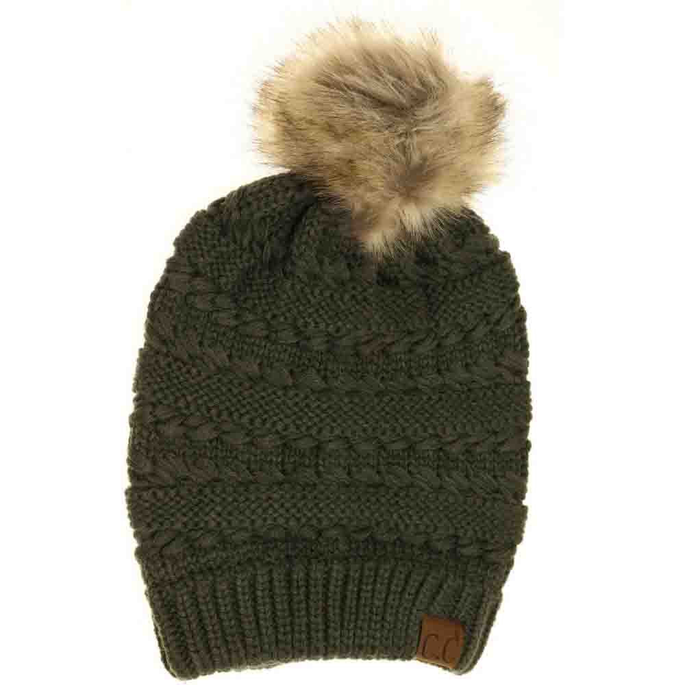 Olive Whipstitch Knit Faux Fur Pom Beanie combines sophisticated craftsmanship with practical warmth. Its detailed whipstitch knit construction ensures durability and a refined texture, while the plush faux fur pom adds a touch of stylish softness. This beanie offers excellent insulation, making it an ideal choice for cold-weather wear, as it effortlessly balances fashion and function. 