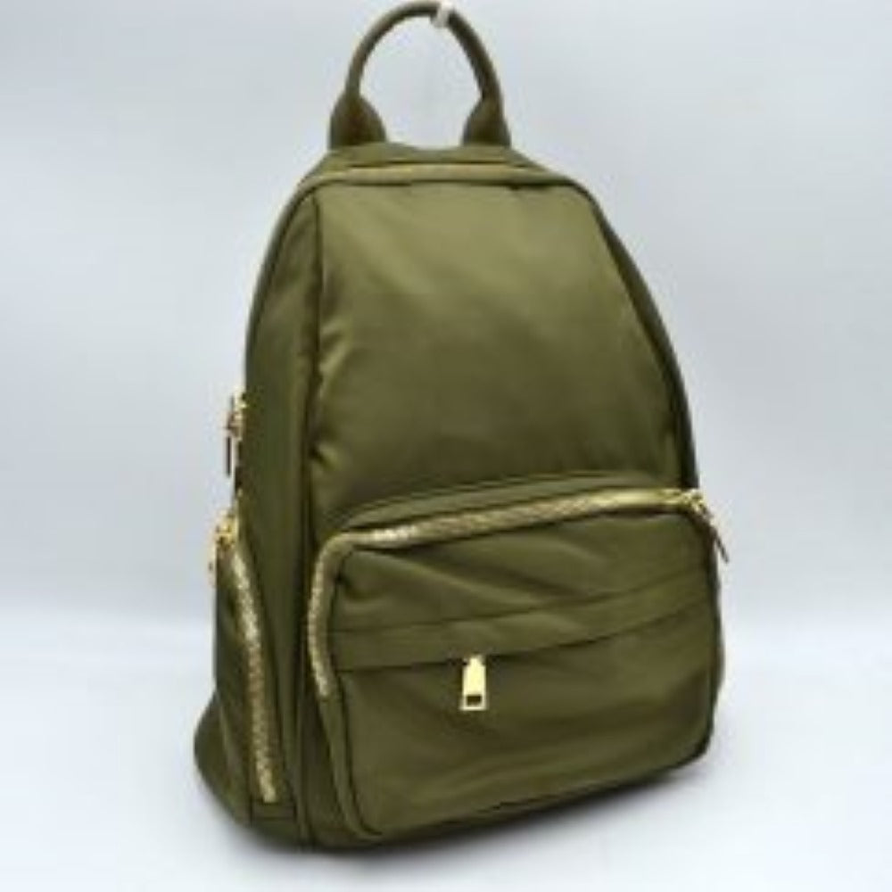 Olive This practical backpack features a smooth, streamlined exterior designed for active everyday use. It offers ample storage compartments, including a spacious main section with a top curved zipper and a prominent front zippered pouch accented by a small metallic square detail. For added organization, matching zippered side pockets line the lower edges of the bag. The design is completed with a smooth top loop handle for quick carrying
