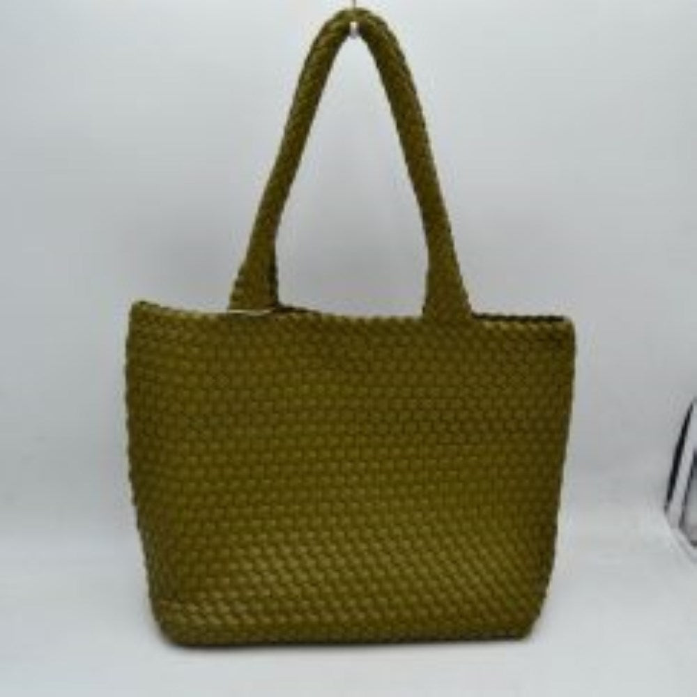 Olive This structured tote bag features an intricate basket-weave design across its body and integrated shoulder straps, creating a textured look suitable for everyday use. The main storage compartment offers a wide, open-top design for easy access to daily essentials. Accompanying the larger bag is a matching smaller pouch with a distinct woven exterior pattern and a secure gold-tone top zipper closure to keep smaller items organized.