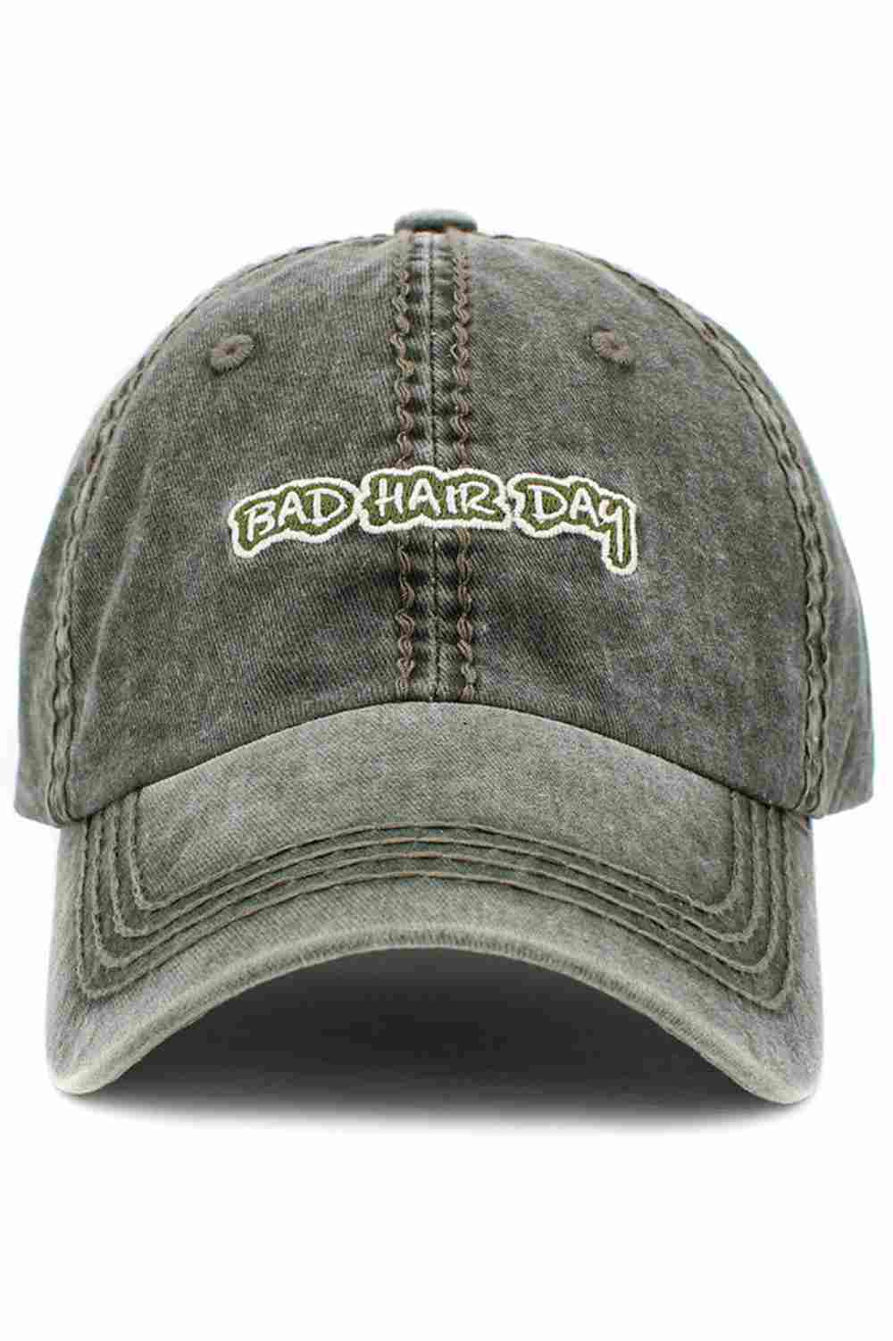 Olive Turn any messy moment into a style statement with the Bad Hair Day vintage baseball cap, featuring a classic distressed finish and playful embroidered design. Comfortable and adjustable for everyday wear, this laid-back cap is perfect for errands, casual outings, or relaxed weekends.