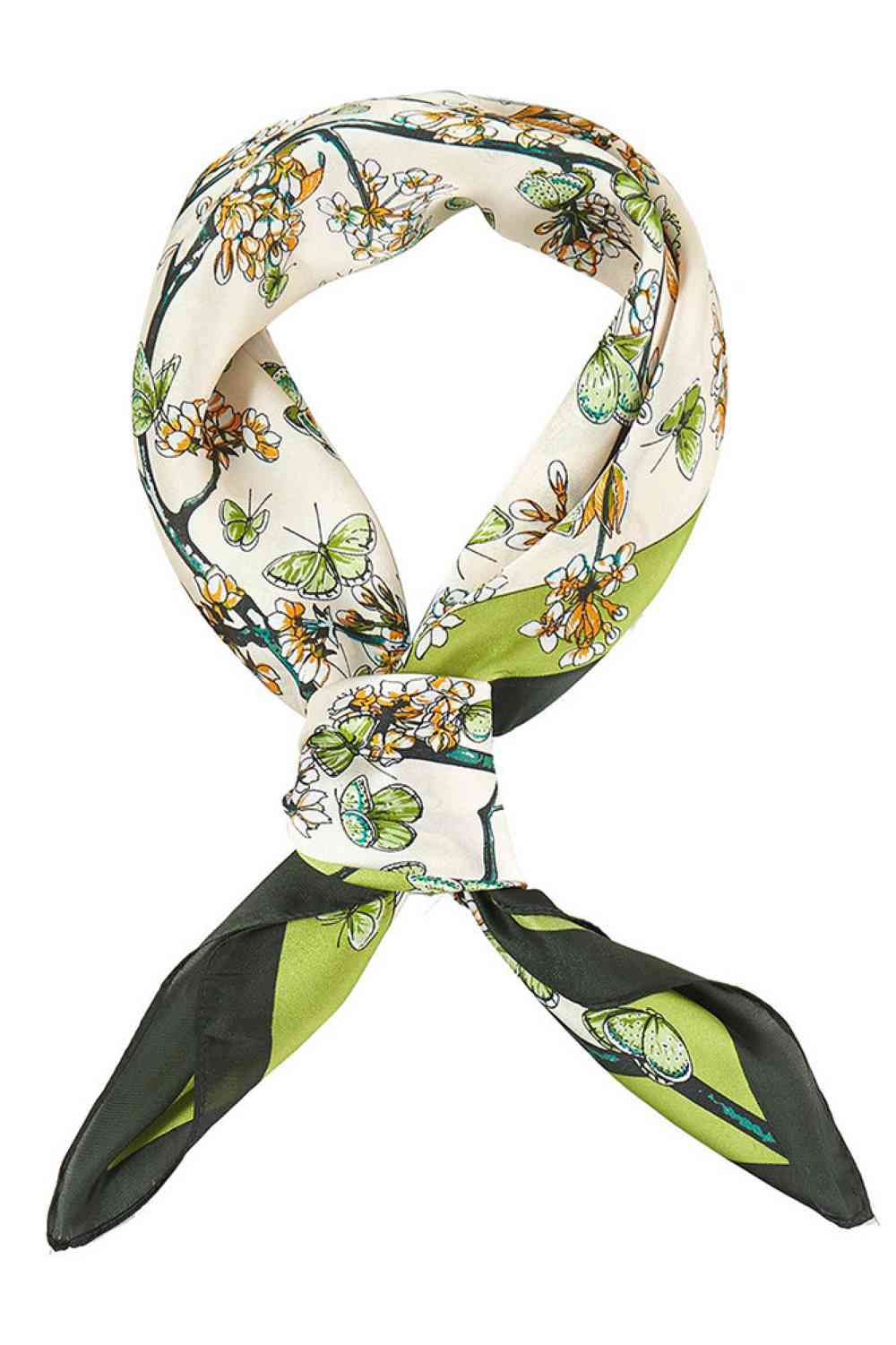 Olive Embrace effortless summer style with this lightweight bandana scarf, featuring a vibrant butterfly and floral print. Crafted from 100% polyester, it's breathable and perfect for warm weather wear. The generous 27.5" x 27.5" square size offers versatility wear it as a headscarf, neck wrap, or tie it to your bag for a pop of color. Easy to care for and designed for everyday comfort, this scarf transitions seamlessly from beach days to casual outings.