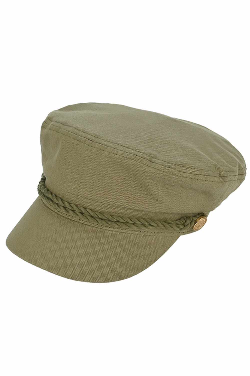 Olive Classic cotton fishing cap with timeless appeal. Crafted from 100% cotton for breathability and comfort, this solid-color cap features decorative rope detailing with button accents for a refined look. The structured design includes a 2" brim for sun protection, fitting most head sizes at 22.5–23" circumference. Perfect for outdoor adventures, casual wear, or everyday style.